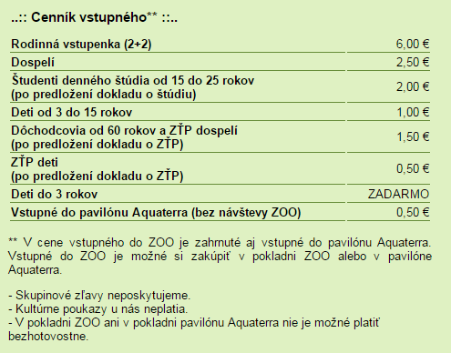 Cenník vstupného ZOO v SNV